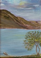 H COLLIER Lakeside at Twilight 1989 Olive Tree Lake Boat Mountains Oil on Board
