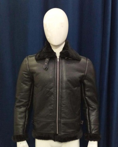 Men black leather shearling - black,