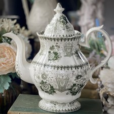 Victorian Teapot / Coffee Pot Green Transferware Large 11” - Rococo Farmhouse