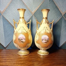 PAIR OF FINE ANTIQUE COALPORT JEWELED TWIN HANDLES VASES HAND PAINTED SCENES