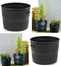 BLACK PLASTIC PLANTER PLANT POT TUB GARDEN PATIO OUT OR INDOOR BARREL FLOWER POT