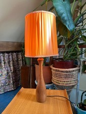 Vintage Teak Table Lamp Mid Century 60s 70s Lounge Light Orange Shade Retro