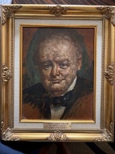 A framed original oil on board of Winston Spencer Churchill. Signed Indistinctly