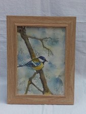 BEAUTIFUL WATERCOLOUR OF A BLUE TIT BIRD SEATED ON A BRANCH . M3537