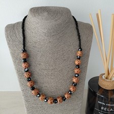Vintage Necklace Brown Wood Black White Glass Beads Hippy Boho Bohemian 