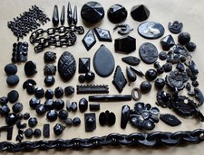 antique Victorian Whitby Jet French Jet bead chain jewellery lot spare repair K