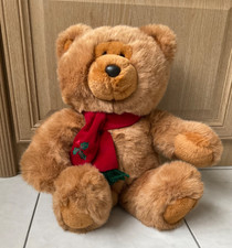 20'' Vintage BHS Brown Teddy Bear wearing a Scarf with Holly On  Plush Soft Toy