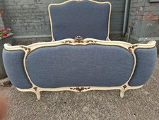 Beautiful Antique French Bed Freshly Reupholstered In A Blue French Style Linen