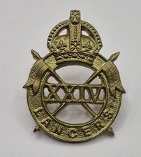 Original WW2 British Army 24th Lancers Cap Badge White Metal Kings Crown