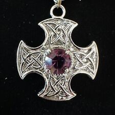 Celtic Cross Pendant & Chain Necklace C J Scotland Purple Stone Silver Tone