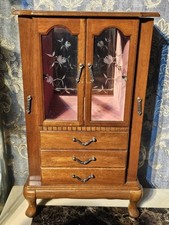 Large Vintage Wooden Mahogany Desktop Jewellery Display Cabinet On Cabriole Legs