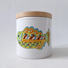 Retro stylised FISH vintage storage canister jar, 1970s England white ceramic