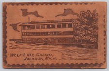 Jackson Michigan Wolf Lake Casino Waterfront Resort Leather Postcard