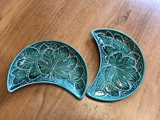 Wedgwood Etruria & Barlaston Green Majolica Grape Leaf Crescent Plate X 2