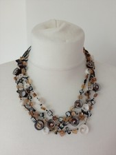 Retro Brown/Beige & Black Seed & Sea Shell Beaded 4 Row Cord Necklace-51cm Long