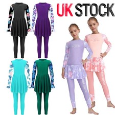 Kids Girls Rash Guard Swimsuit Swim Dress with Pants Full Cover Burkini Swimwear