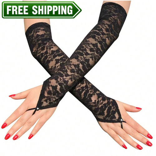 Black lace fingerless gloves - black,