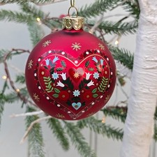 Scandi Alpine hearts matt red glass bauble Xmas tree decoration Gisela Graham
