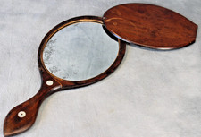 Rare Antique c1890 Large Mahogany & MOP Twist Cover Oval Hand Mirror Foxed Glass