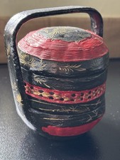 Antique Chinese Wedding Basket Hand Painted Black, Red & Gold Lacquered