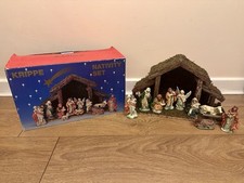 Vintage Krippe Wooden Nativity Stable Set w./ Ceramic Figurines - Boxed | Rare