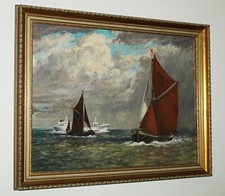 LEONARD G KERSLEY (b.1911) Oil Painting Seascape Sailing Barges & Container Ship
