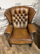chesterfield Queen Ann  chair in Antique Saddle tan leather 