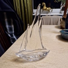 Signed Vintage Heavy Clear Daum France art glass three mast sail boat 24cm