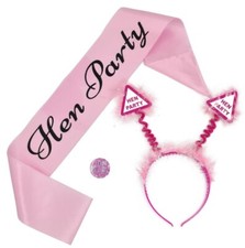 3pcs Hen Party Set Head Boppers Sash & Badge Night Out Pink Headband 