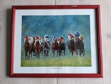 A Showcase Finish, colour horse racing framed picture painting print 15x12 inch