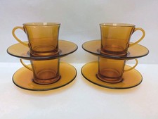 Duralex France Vintage Amber Glass Espresso Coffee Cups & Saucers Set Of 4 GUC 