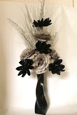 Artificial Silk Flower Arrangement Black Grey Flowers Silver Spray in Black Vase