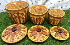 Set of 3 Wicker Rattan Nesting Storage Barrels Small With Decorated Lids Lined