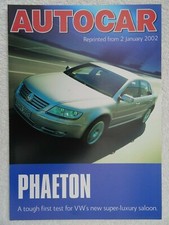 VW Phaeton 6.0 Litre W12 Road Test Reprint Autocar January 2002 issued by VW UK.