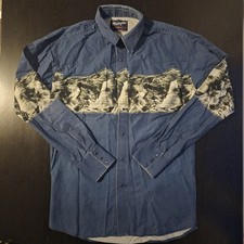 Vintage Wrangler Shirt Mens Large Vibrant Blue Horses Long Sleeve Cowboy Western