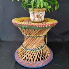 Vintage Coloured Woven Foot Stool Plant Stand Planter 12in Tall