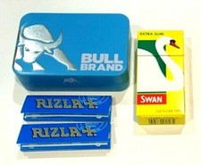 BULL BRAND TOBACCO TIN blue 1oz 2 RIZLA Blue Booklets and Swan Extra Slim