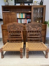 Pair Of Vintage Indian Pidha Hand Carved Elephant Folding Wooden Chairs