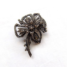 Vintage Sterling Silver 925 Flower Brooch with Marcasite Stone Art Nouveau Style