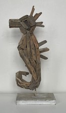 Driftwood Seahorse Sculpture Coastal Boho Beach Handmade Folk Art Decor 15”