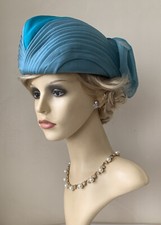 Grants Vintage 1960s Light Blue Chiffon Pleated Turban Hat Original Box & Bag