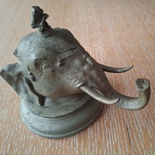 Rare Antique Silver Elephant Inkwell with Bronze Flautist Monkey, ceramic insert
