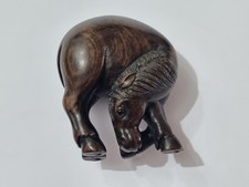 19th Century Japanese Carved Wood Netsuke of a Grazing Horse - Artist Signed