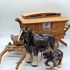 Vintage Wooden Romany Gypsy Caravan/Wagon Handmade Model W/ Shire Horses
