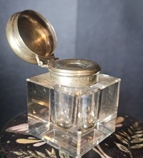 Antique Art Deco Silver Plated Glass Bottom Inkwell Ink Pot With Hinged Lid