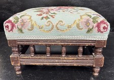 Elegant Antique Large Foot Stool Galleried Wood & Intricate Tapestry Top