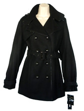 Vtg. MISS SIXTY Black Mid-Length Double Breasted Leather Piped Wool Coat, M, NEW