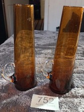 Pair of Vintage Art Glass Amber Hand Blown Wine Glasses with Handles