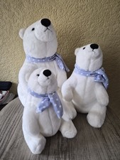 Faux Fur Plush Polar Bears in Large Medium & Small Wearing Blue Matching Scarfs 