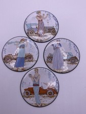 Art Deco miniature1920s Enamel On Cooper x 4 Discs. Ladies & Cars. 